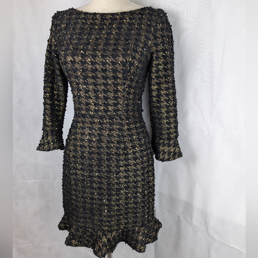 NWT ABS Allen Schwartz Black And Gold Knit Dress Size Small Sheath Textured